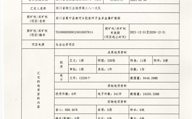 攀西公司张家坪子金矿勘探项目 顺遂完成地质资料汇交